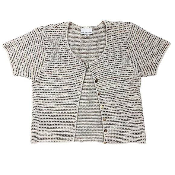 Vintage Croft & Barrow Crochet Knit Cream Short Sleeve Button Up Top Sz Small - Picture 1 of 11